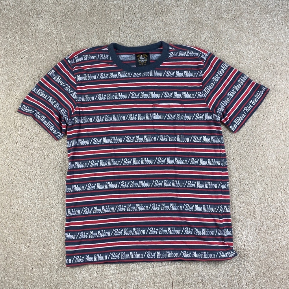 Loser Machine Pabst Blue Ribbon PBR Striped Pocket T-Shirt Mens Medium Navy Red
